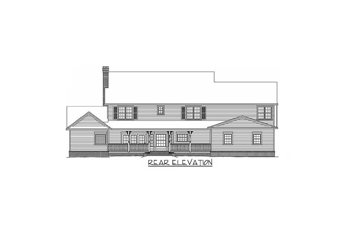 Rear elevation drawing of a two-story house plan with a covered porch, gables, and a prominent chimney.