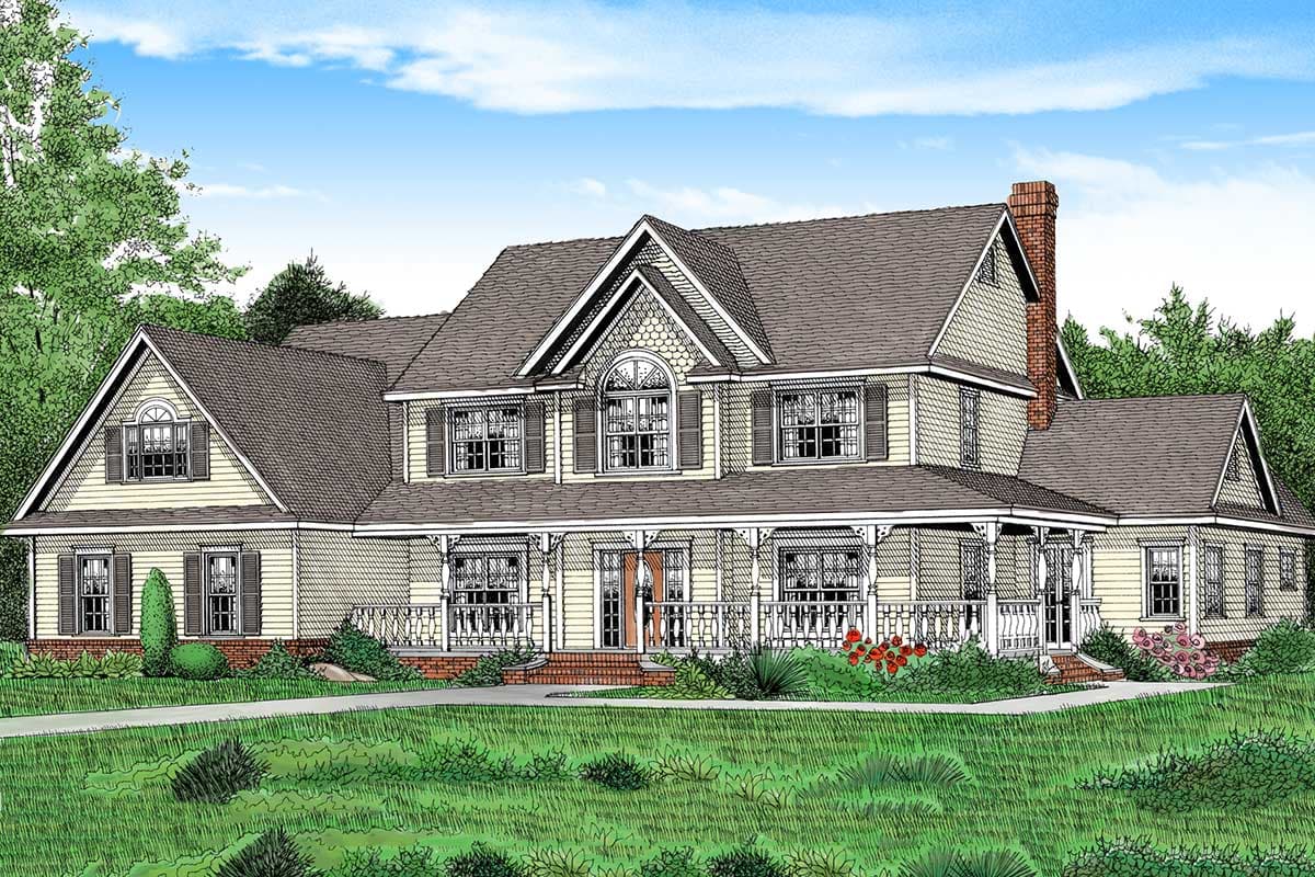 House plan exterior: Two-story Traditional style with wrap-around porch, arched dormer window, and brick chimney.