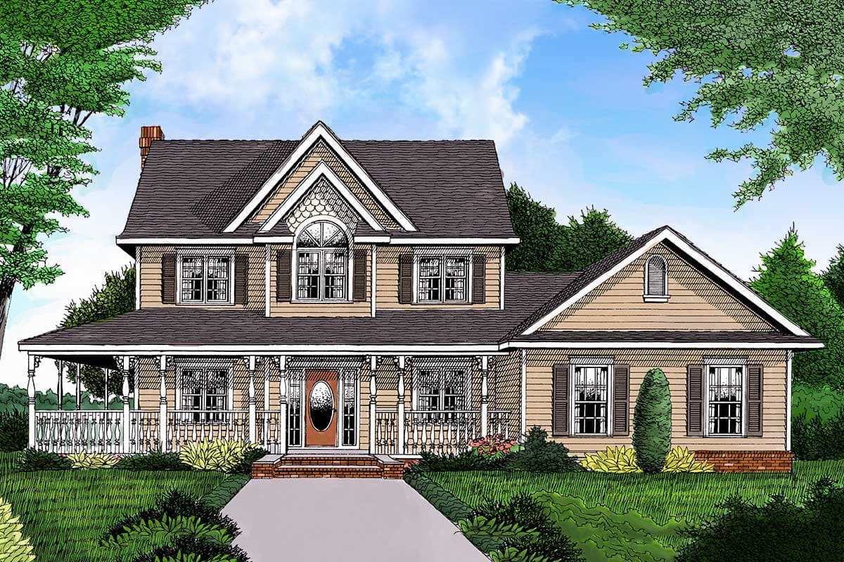 House plan exterior: Two-story home with wraparound porch, arched dormer window, and prominent gable.