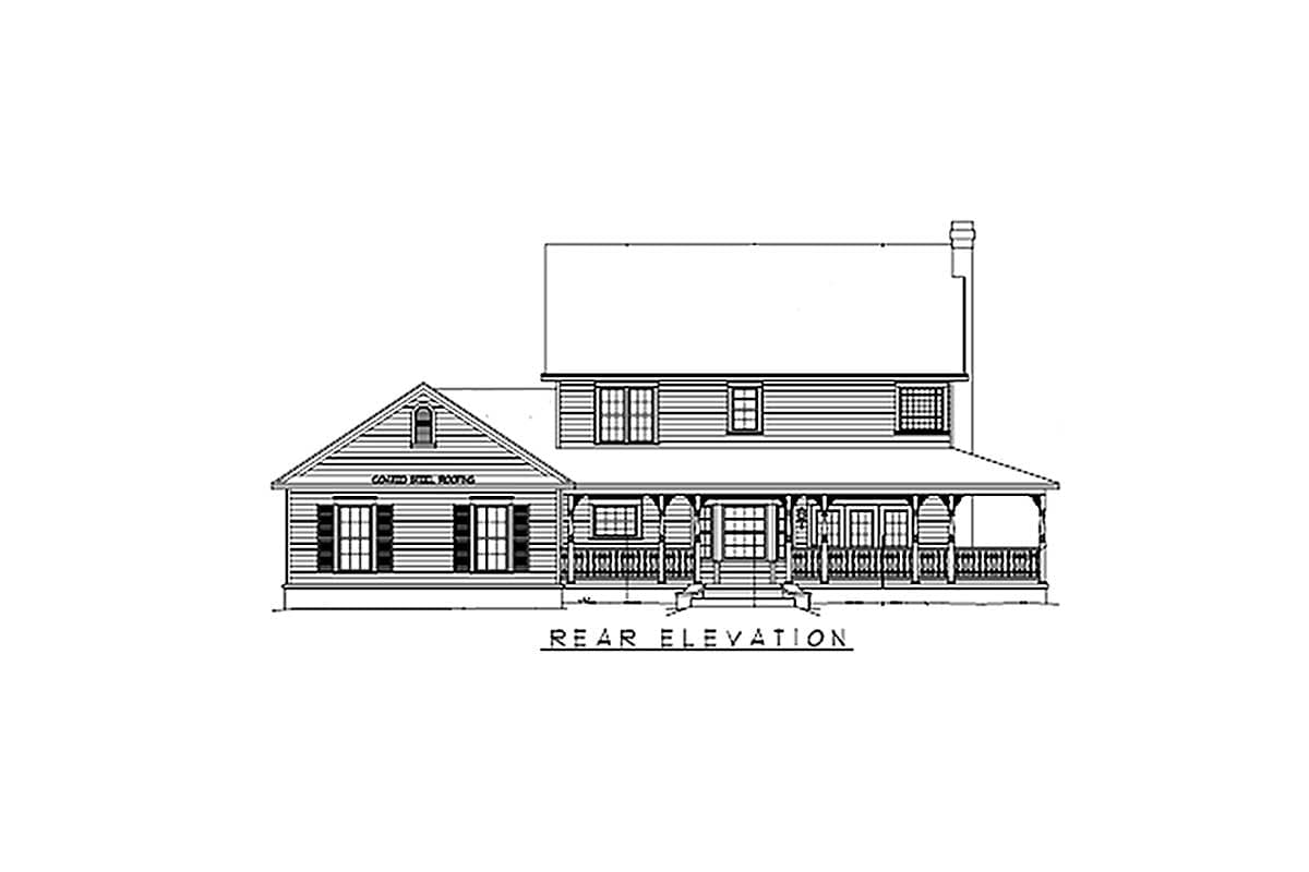 Rear elevation drawing of a two-story house plan with a full-width covered porch, gabled dormer, and multiple windows.
