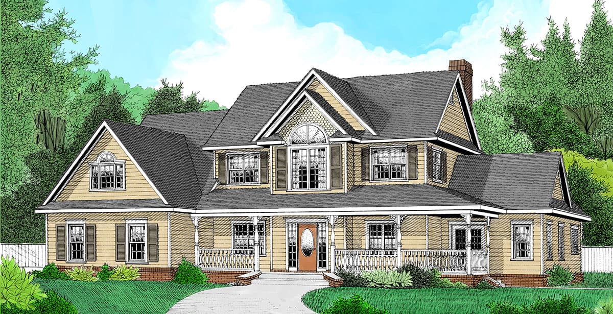 House plan exterior: two-story, gabled roof, wraparound porch, arched dormer, and dormer windows.