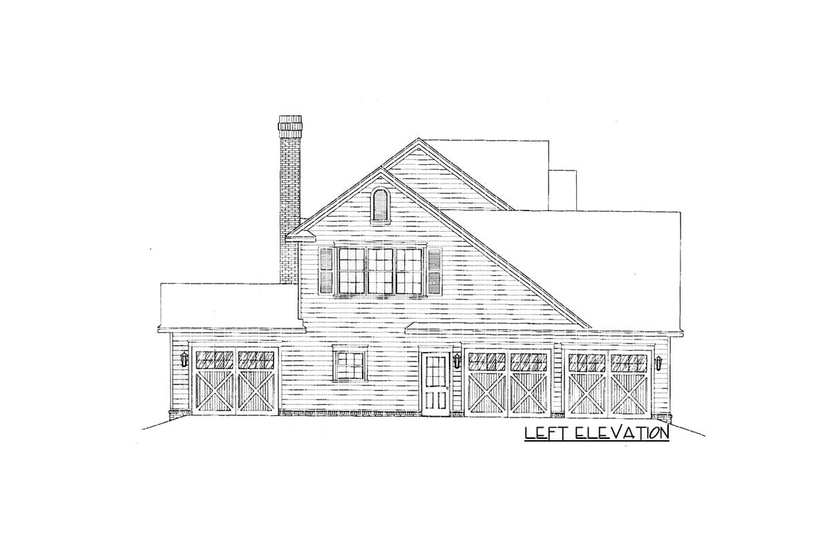 Left elevation house plan with a prominent brick chimney, arched dormer window, and four garage doors.