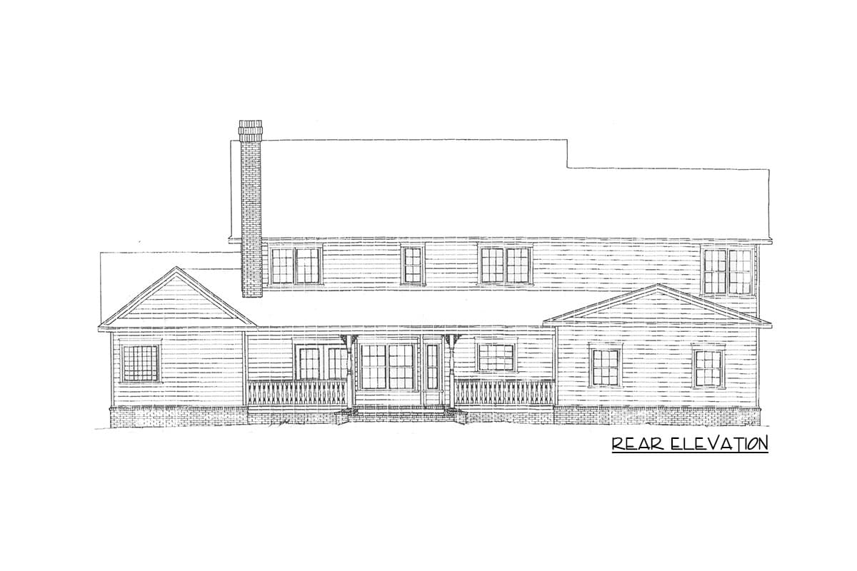 Rear elevation house plan drawing with a covered porch, gables, and brick foundation.