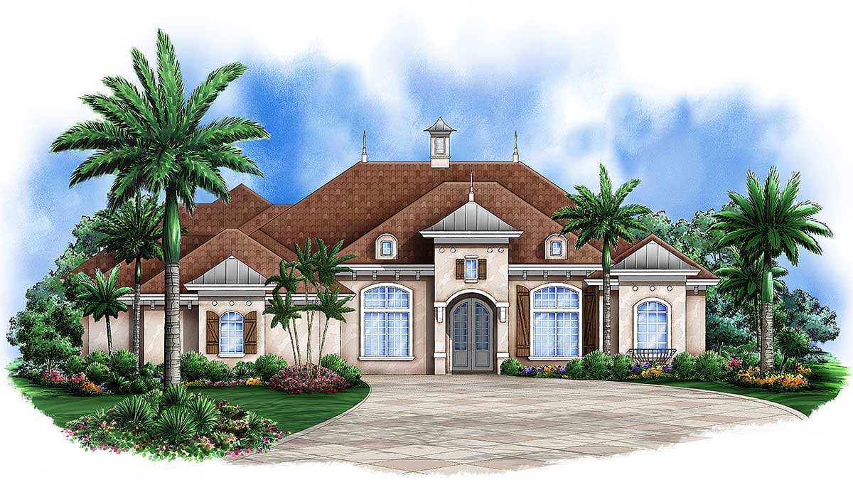 House plan exterior: Mediterranean style, one story, stucco finish, arched entry, tile roof, dormers, and decorative shutters.