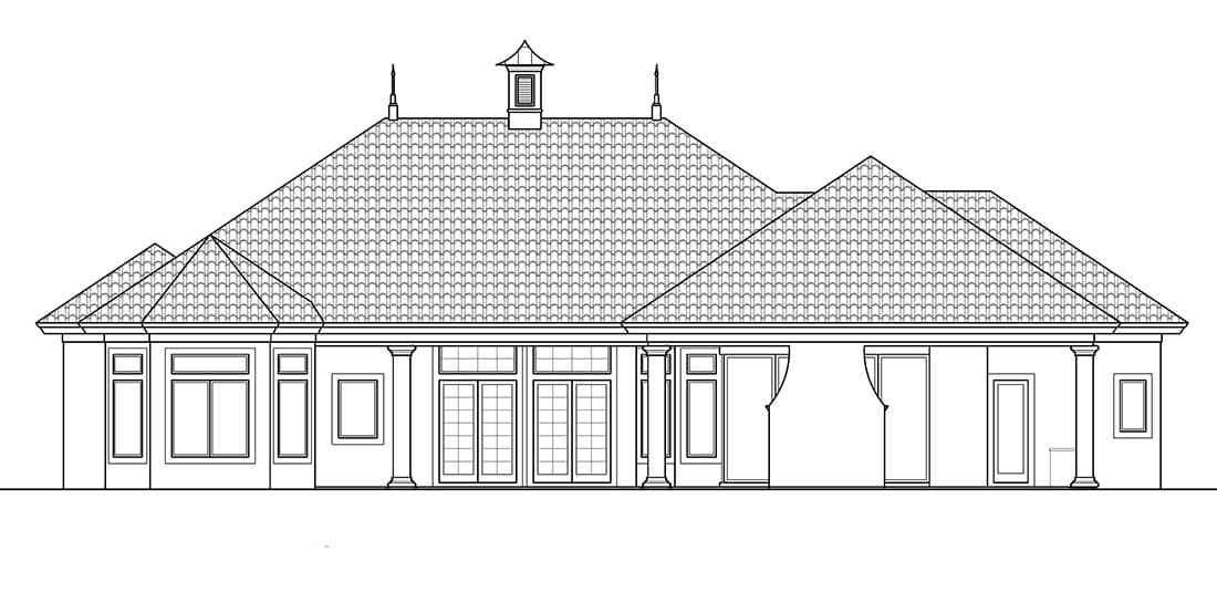 House plan rear elevation: One-story with hipped roof, cupola, multiple gabled dormers, and covered patio.