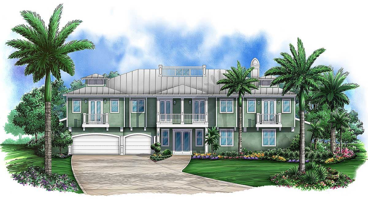 House plan exterior: two-story home with metal roof, two-car garage, balconies, and prominent gables.