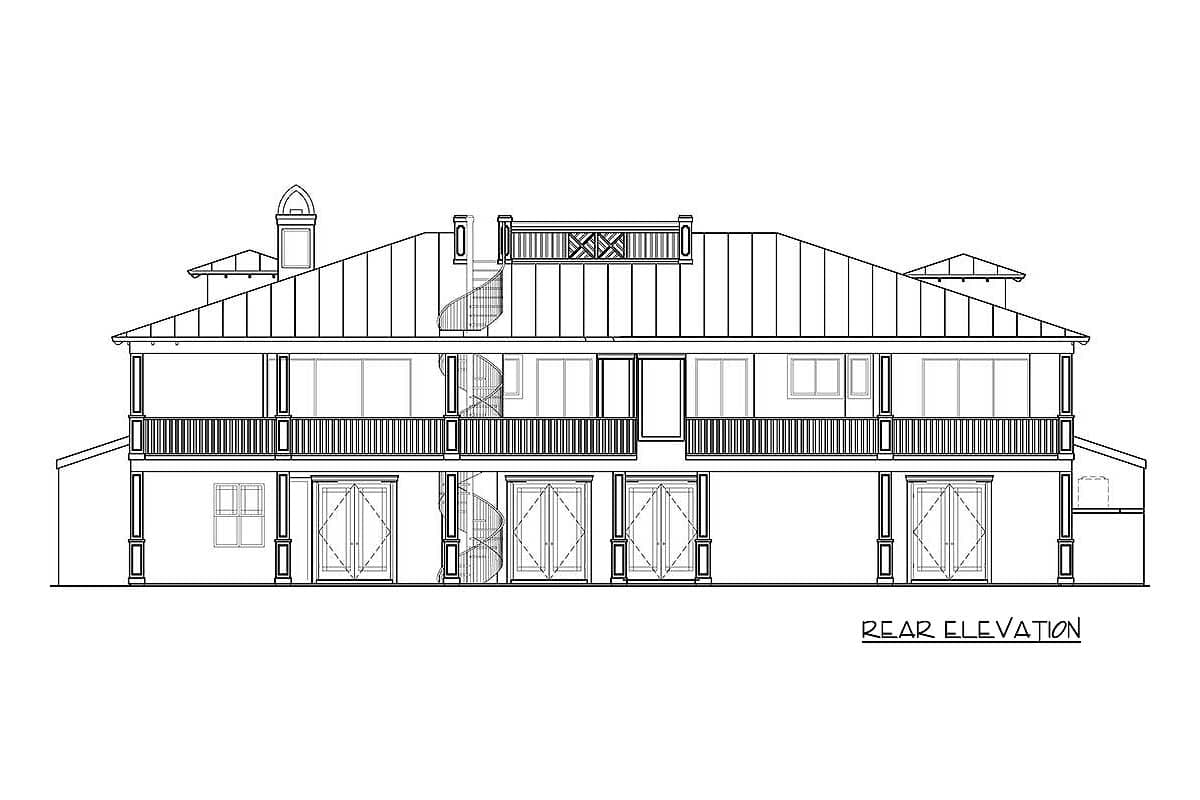 Rear elevation of a two-story house plan with wrap-around balconies, visible spiral staircases, and numerous doors.