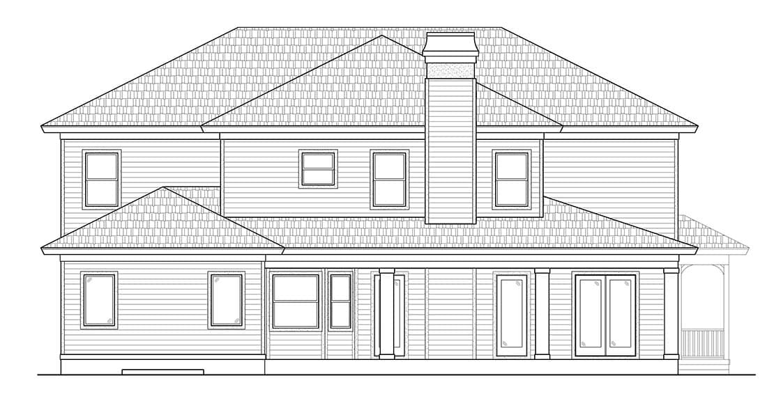 House plan exterior drawing with multiple gables, a prominent chimney, and a covered porch with columns.