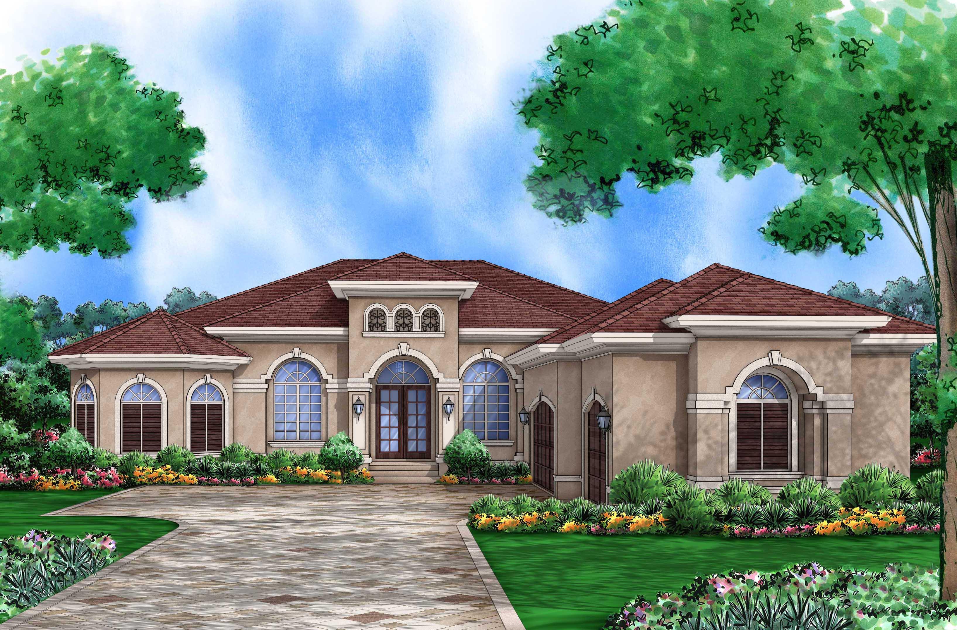 House plan exterior rendering of a one-story home with arched windows, double front doors, and a tile roof.