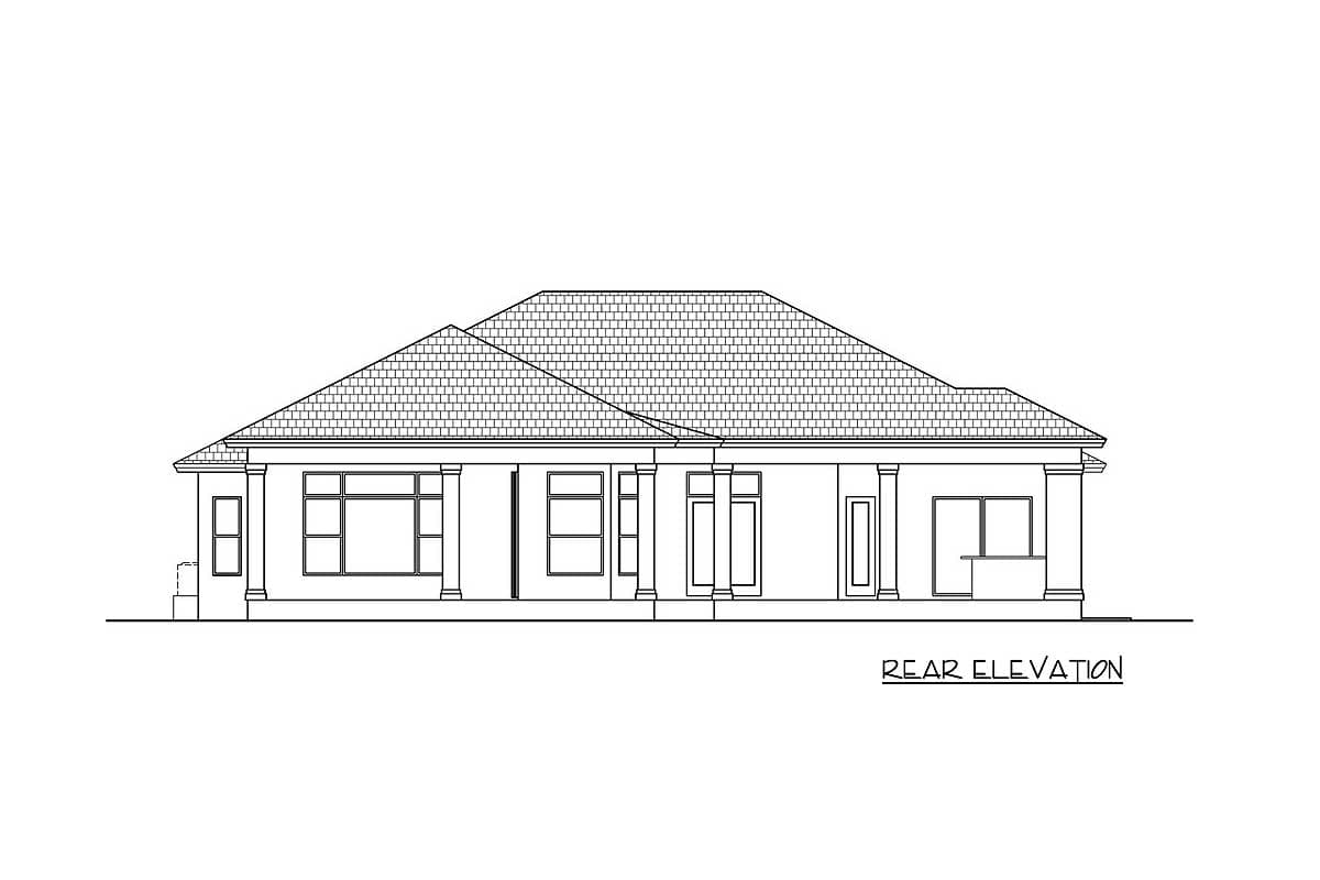 Rear elevation drawing of a single-story house plan with a hip roof, columns, and multiple windows.