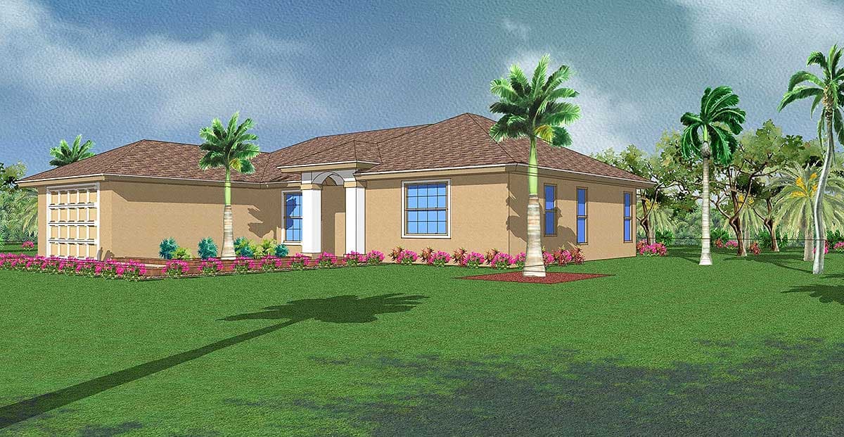 House plan exterior: One-story home with attached garage, covered entry with columns, and hip rooflines.