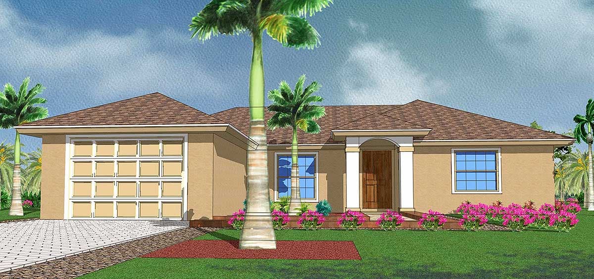 Ranch house plan exterior with a two-car garage, arched entry, and large windows.