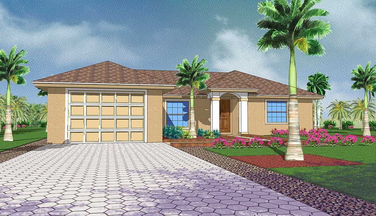One-story house plan exterior with a double garage, arched entry porch, and tile roof. Surrounded by palm trees and landscaping.