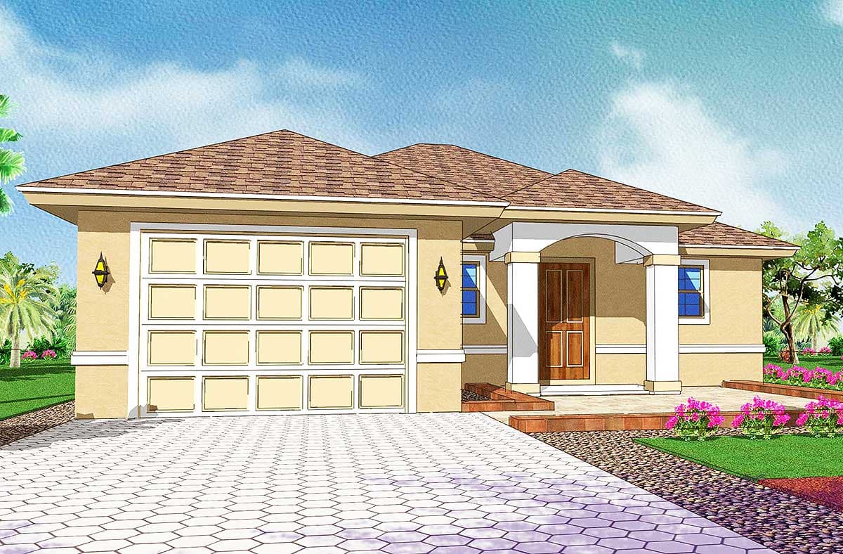One-story house plan exterior with a side-entry garage, arched entryway with columns, and hip roof.