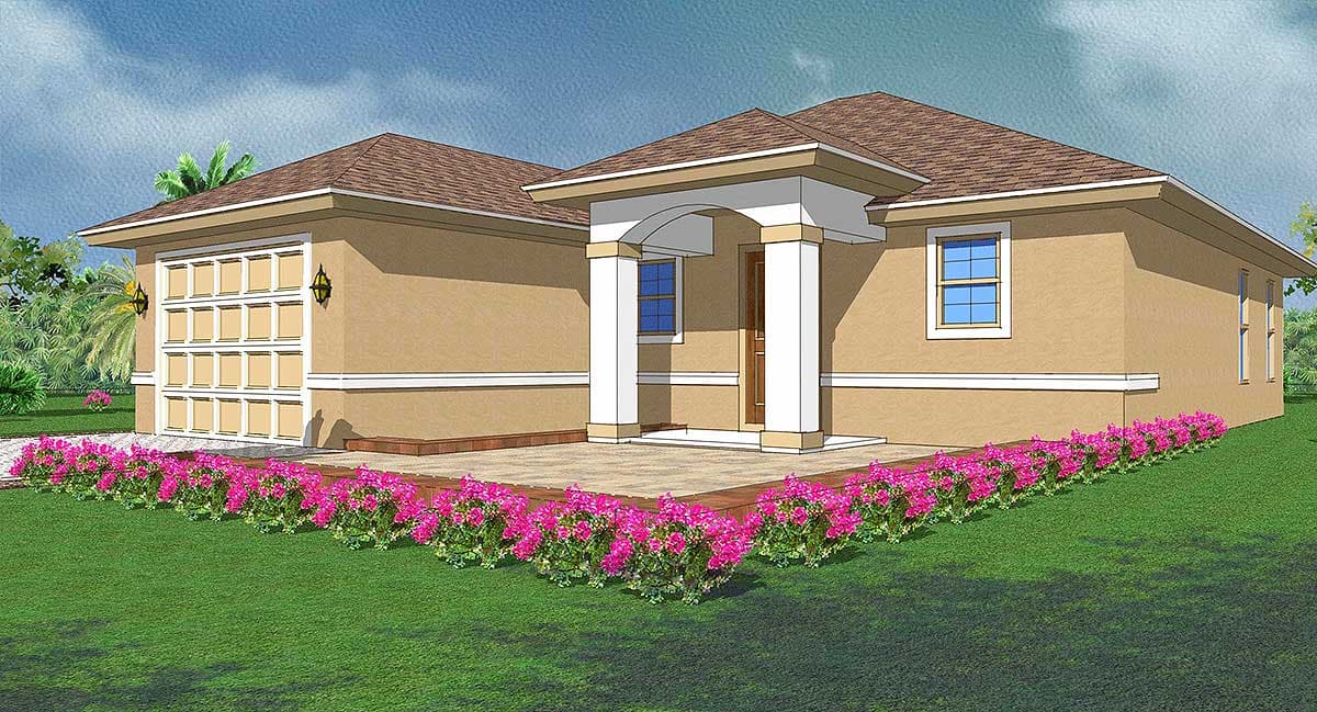 House plan exterior: Single-story, stucco finish, covered entry with columns, attached garage, tiled porch, and pitched roof.