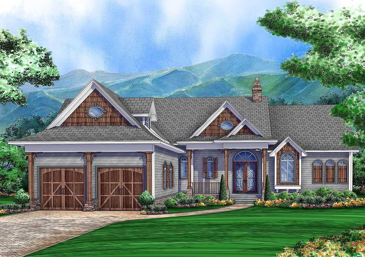 House plan exterior: Craftsman style, one story, dual garage, covered entry with columns, shingle accents.