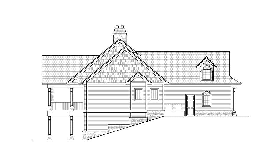 House plan exterior shows a two-story home with gables, a dormer, a covered porch, and a prominent chimney.