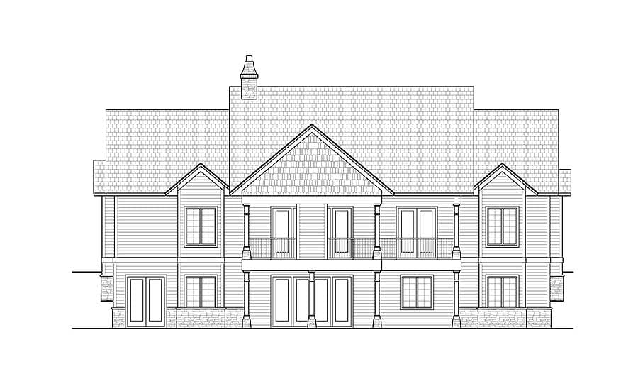 House plan exterior drawing: Two-story home with multiple gables, stone accents, double front doors, and upper-level balconies.