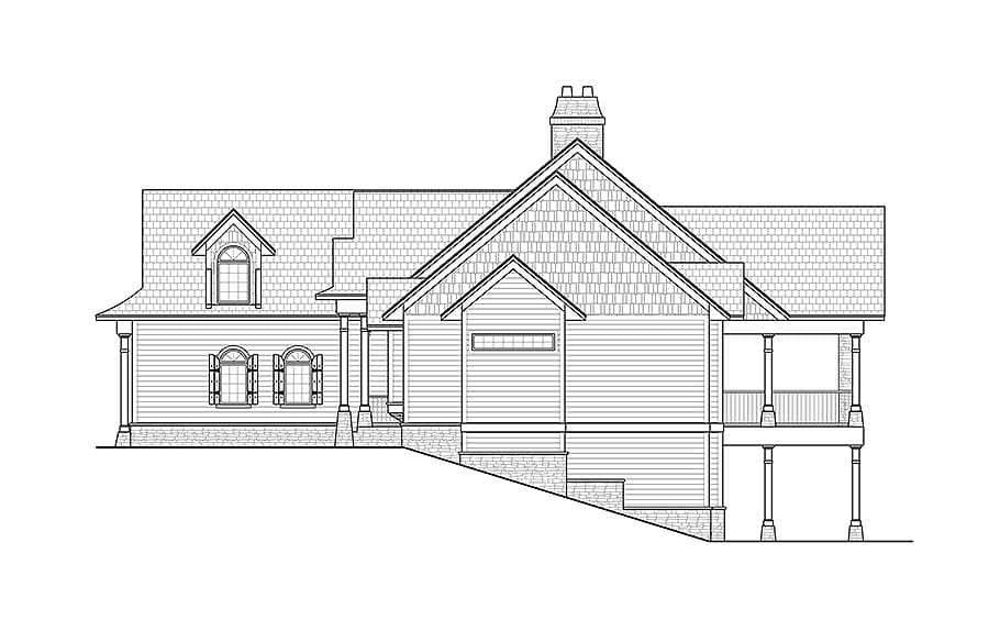 House plan exterior drawing showing a multi-story home with gables, dormers, a prominent chimney, and a covered porch.