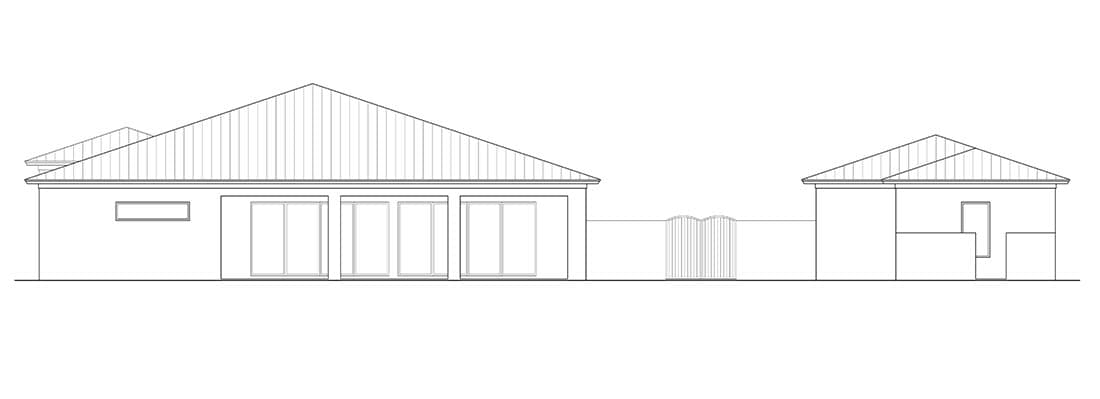 House plan rear elevation showing a single-story home with a pitched roof, large sliding glass doors, and an attached garage.