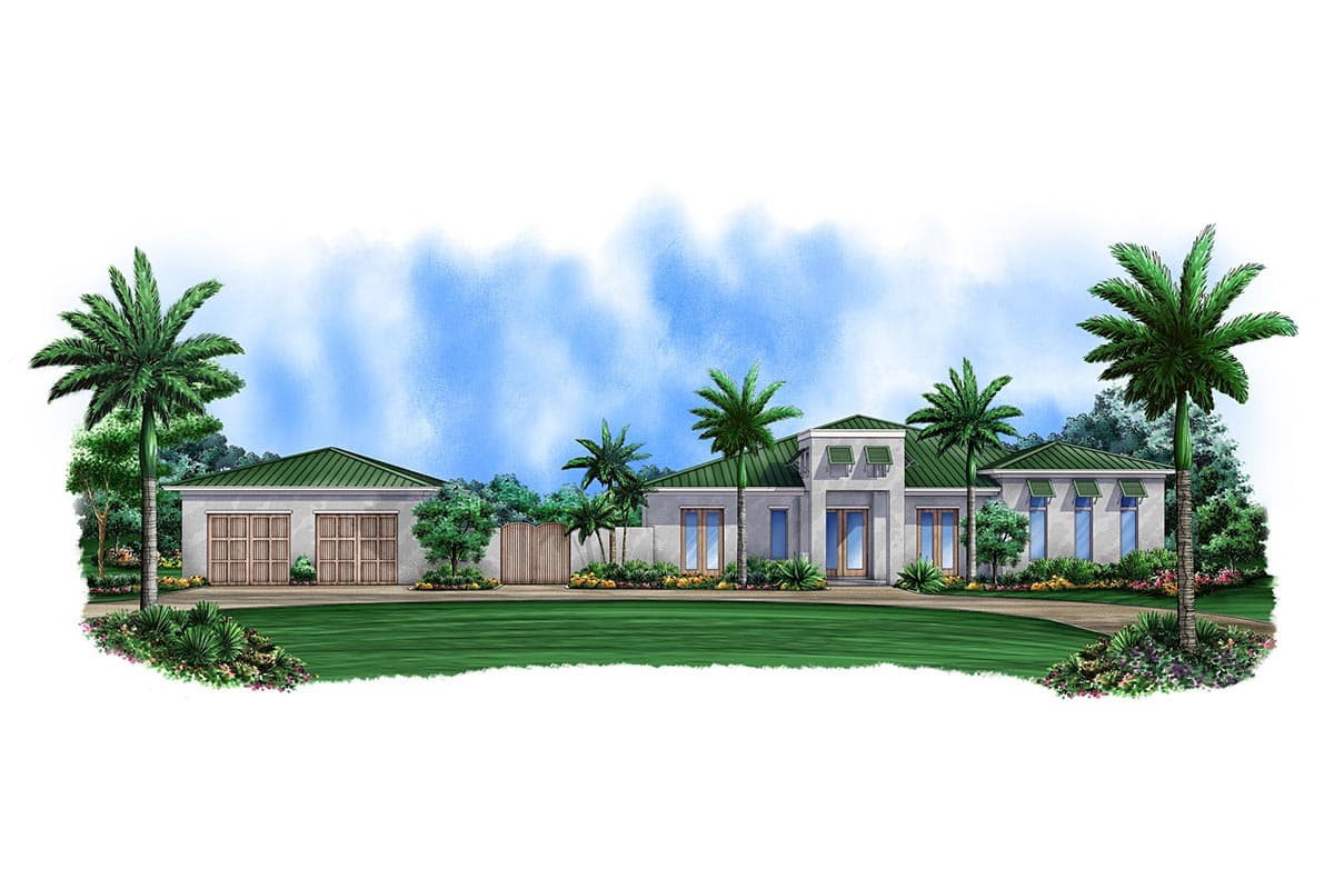 House plan exterior: Single-story modern home with attached three-car garage, flat roofline, and large windows.