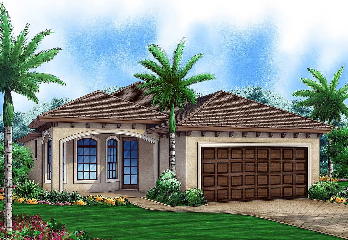 House plan exterior: single-story stucco home with tile roof, arched entryway, and two-car garage.