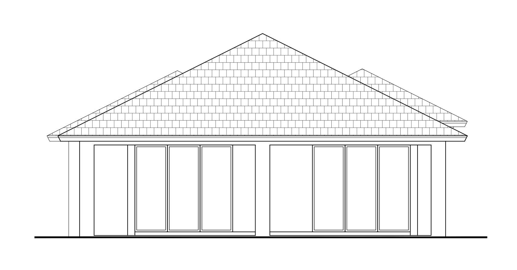 House plan exterior drawing: Ranch style, hip roof, and six large windows.