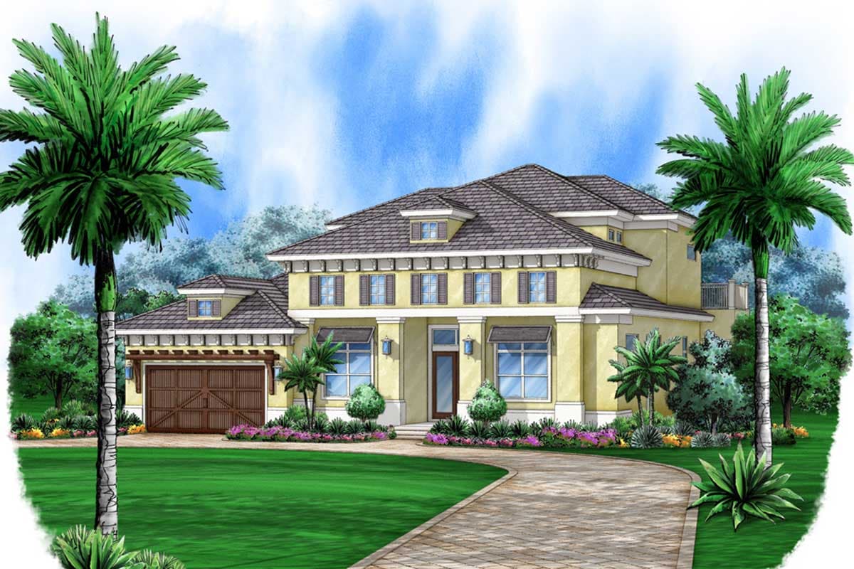 Two-story house plan exterior with attached garage, dormers, multiple gables, and a covered entry.