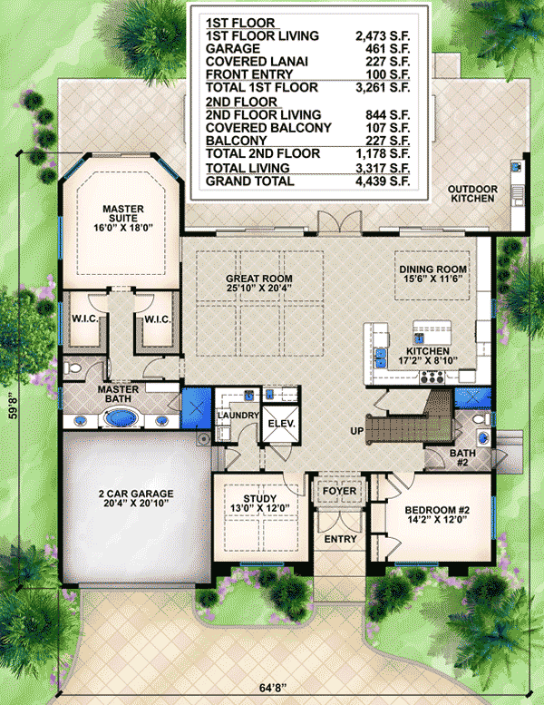 Plan 65611BS: European Home with Open Layout - Floor Plan - Main Level - European, Florida-Style