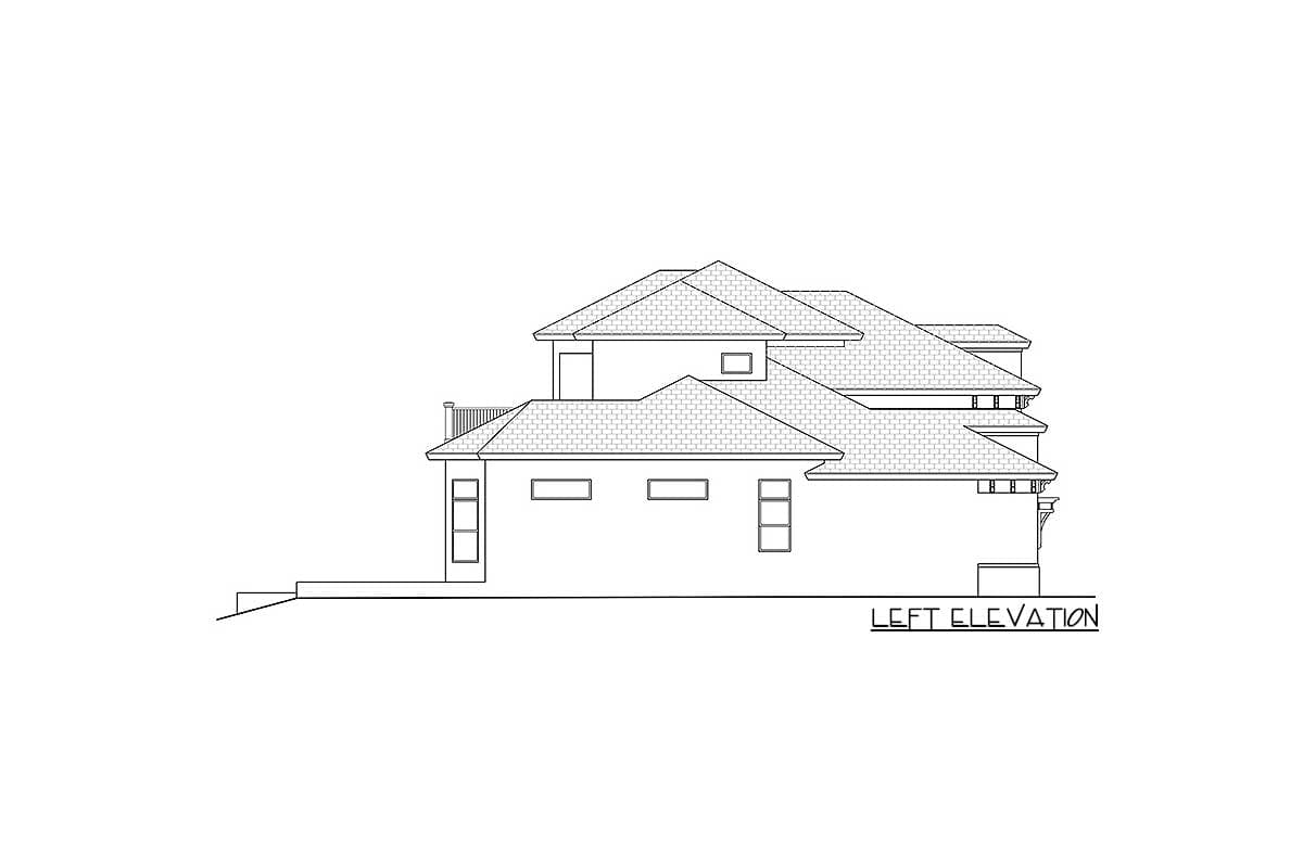 Left elevation drawing of a multi-story house plan with numerous gables, a deck, and rectangular windows.