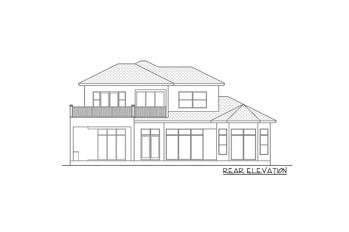 Rear elevation drawing of a two-story house with a balcony, numerous windows, and a multi-sided bay window section.