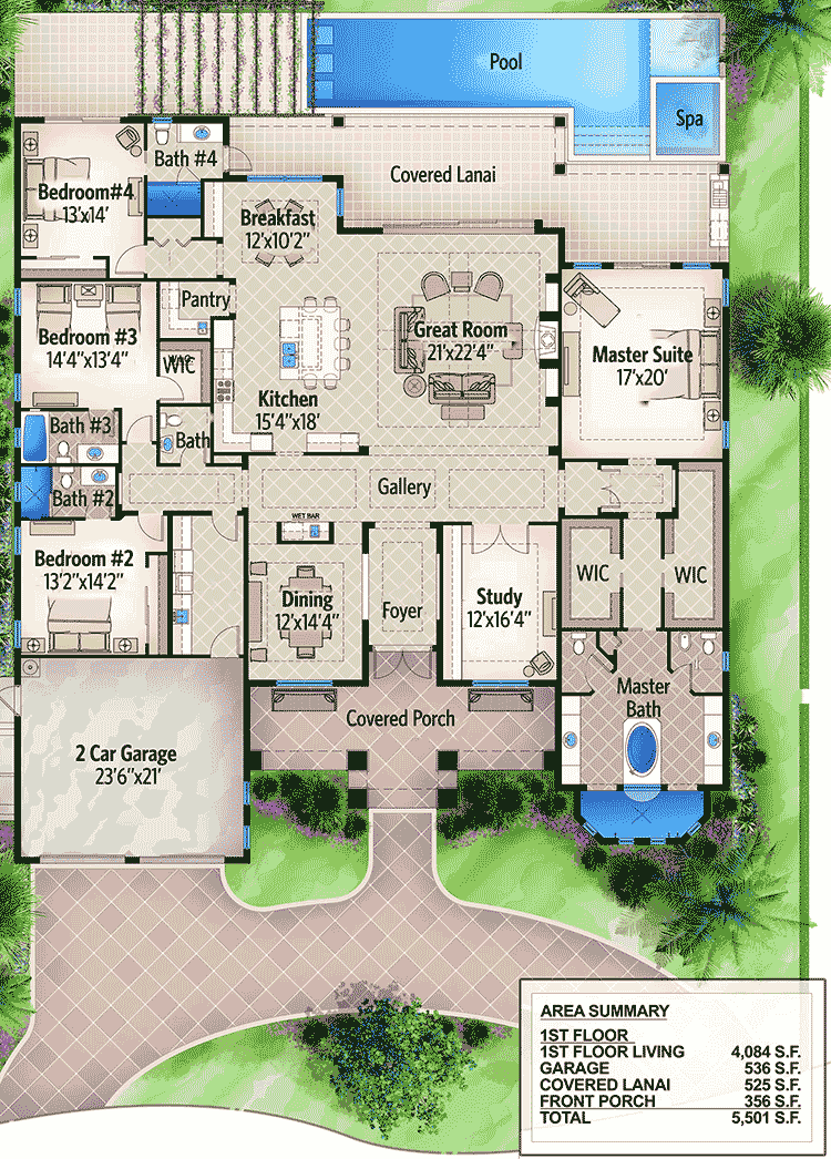 Plan 65614BS: One Story Four Bed Beauty - Floor Plan - Main Level - Florida-Style, Southern, Transitional