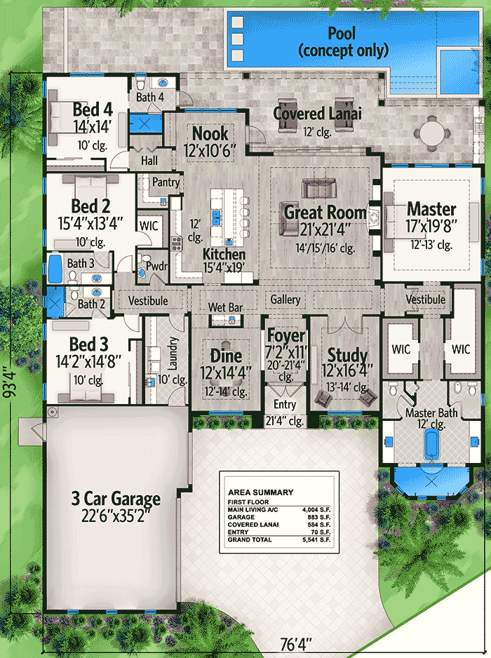 Plan 65615BS: Spacious Florida House Plan - Floor Plan - Main Level - Florida-Style, Southern, Transitional