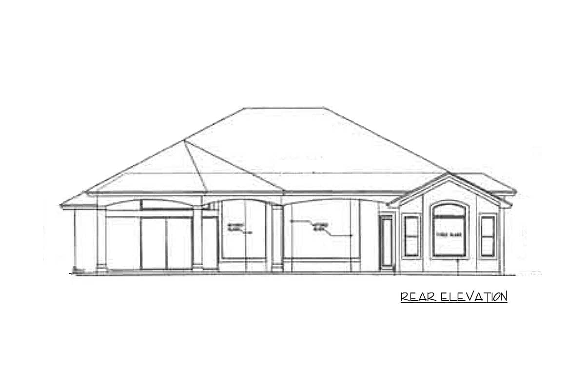 Rear elevation drawing of a single-story house plan with a covered porch, large windows, and a prominent gabled dormer.
