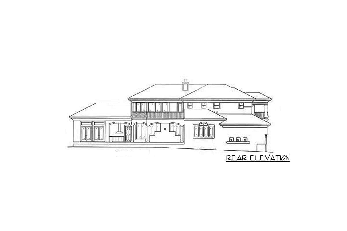 Rear elevation drawing of a two-story house with a balcony, multiple windows, and a covered porch.