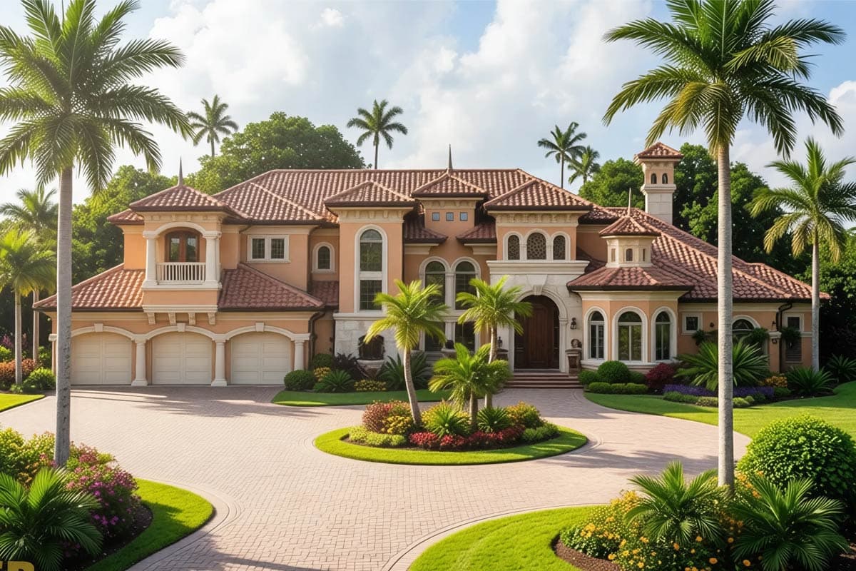 House plan exterior of a two-story Mediterranean-style home with a tile roof, arched windows, balconies, and a four-car garage.