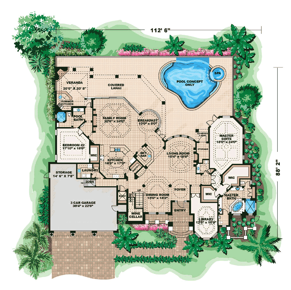 Plan 66020WE: Mediterranean Two-Story Dream House Plan - 6771 Sq Ft - Floor Plan - Main Level - Florida-Style, Mediterranean, Spanish