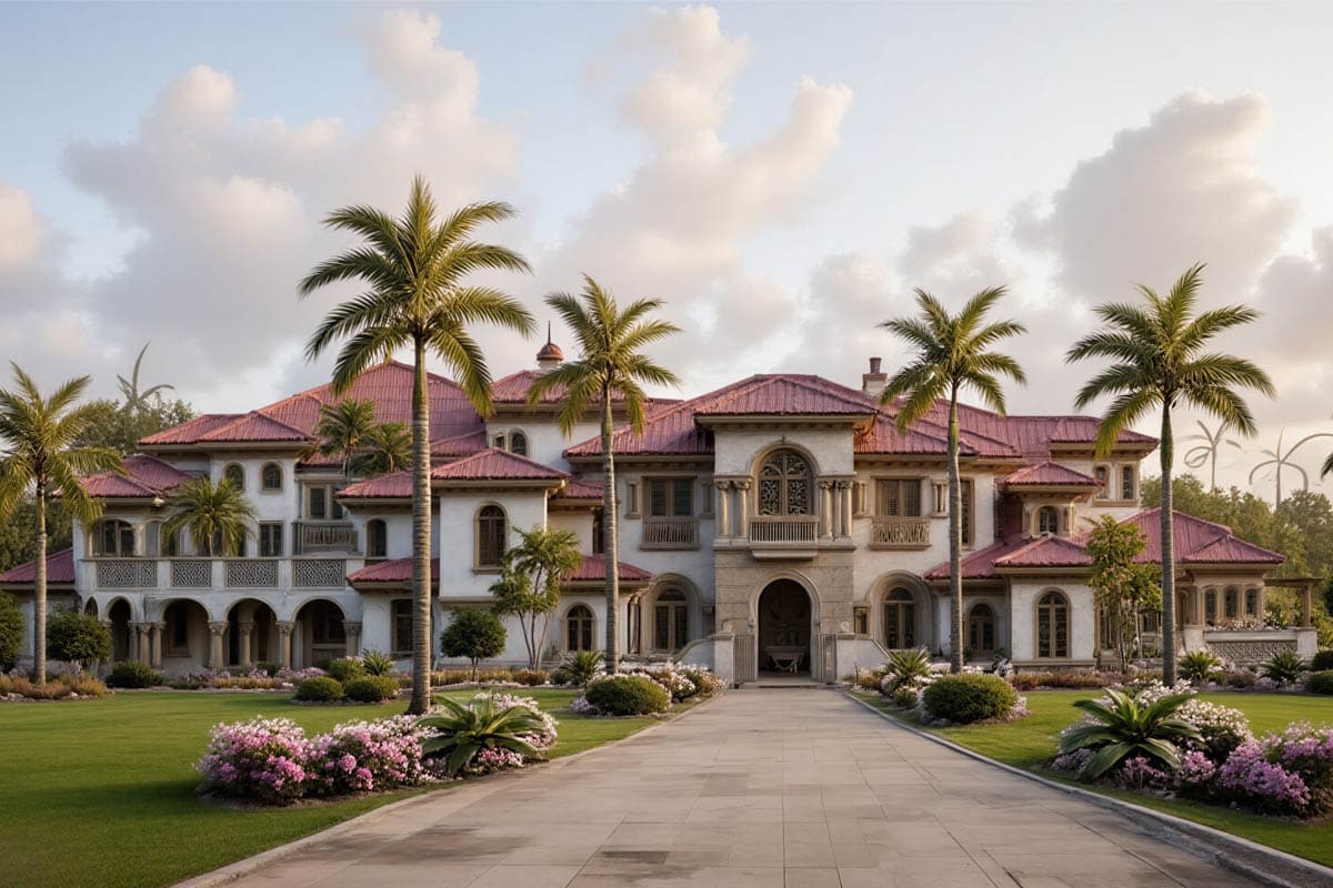 House plan exterior: Italianate style, multiple stories, arched loggias, balconies, and red tile roofs.
