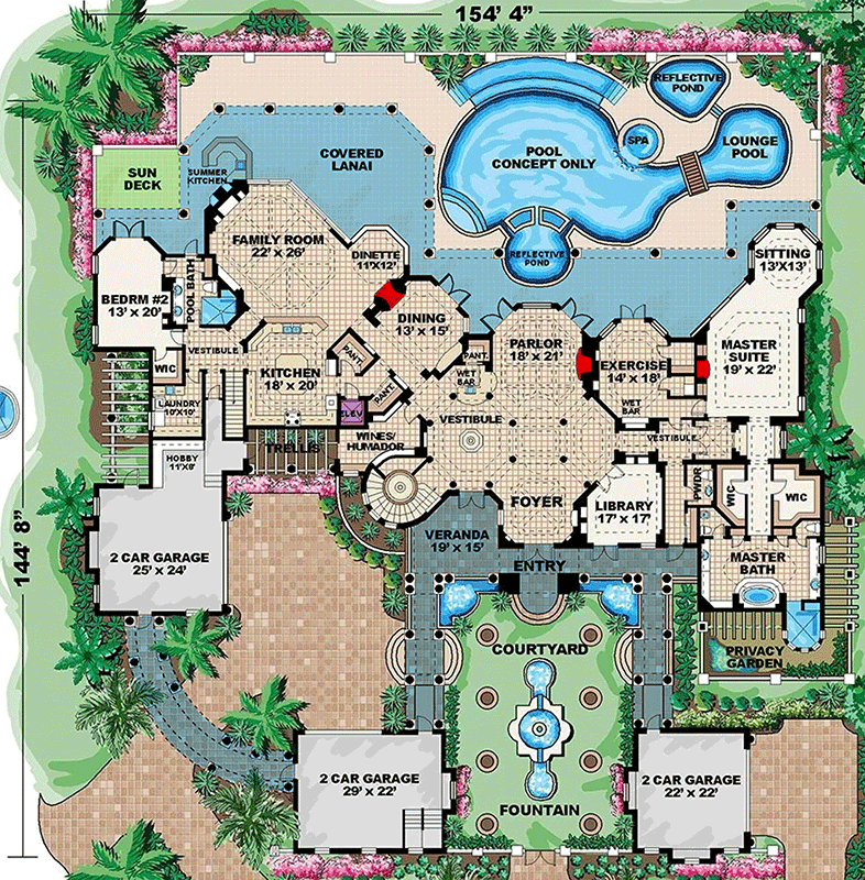 Plan 66024WE: Luxurious Mediterranean House Plan Featuring Six Bedrooms and Expansive Courtyard - Floor Plan - Main Level - Beach, Coastal, European, Florida-Style, Mediterranean, Tuscan