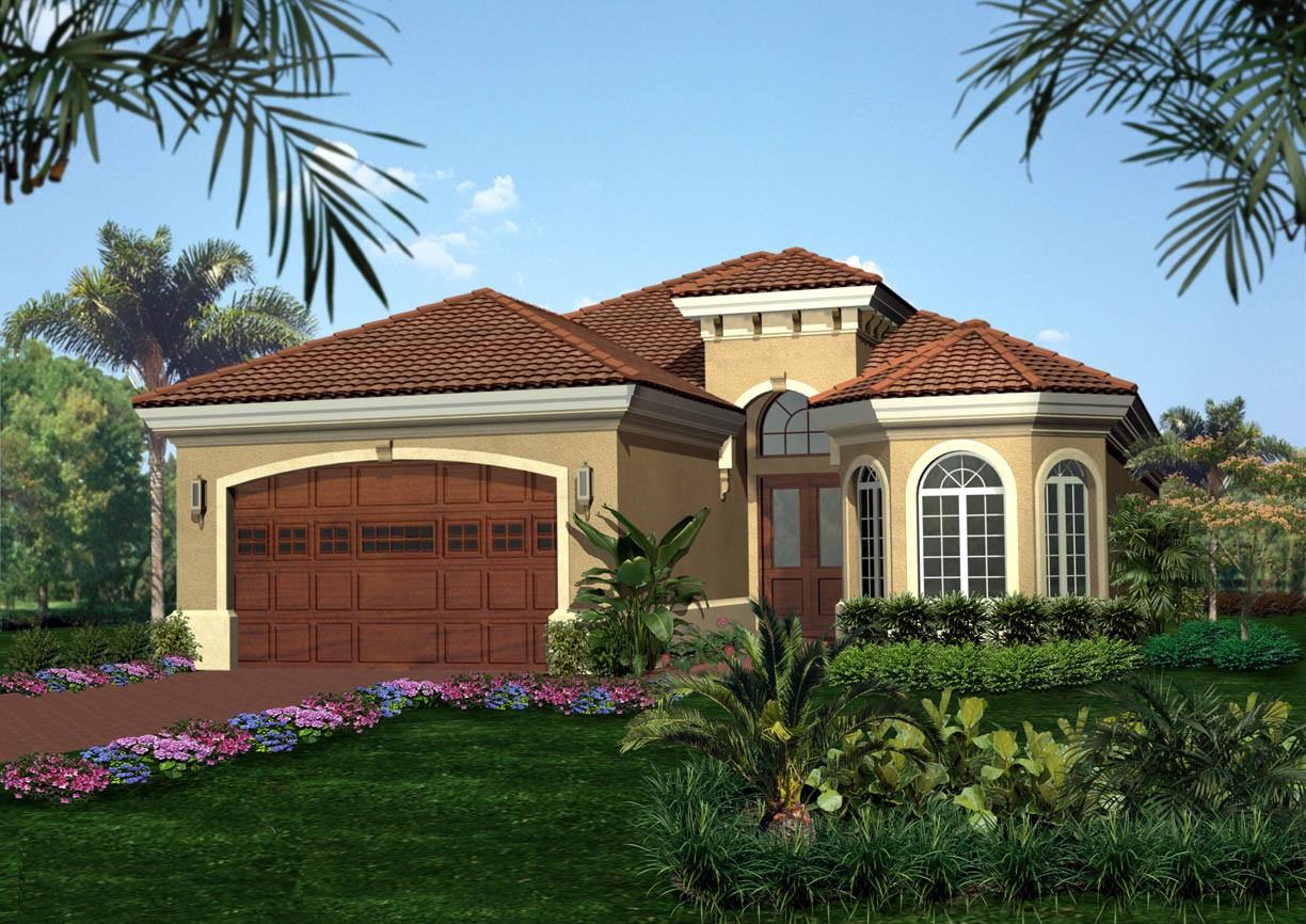 House plan exterior: One-story Mediterranean style with a tile roof, arched windows, and a two-car garage.
