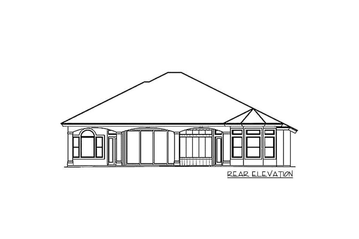 Rear elevation house plan drawing showing arched window, sliding doors, and rectangular windows.