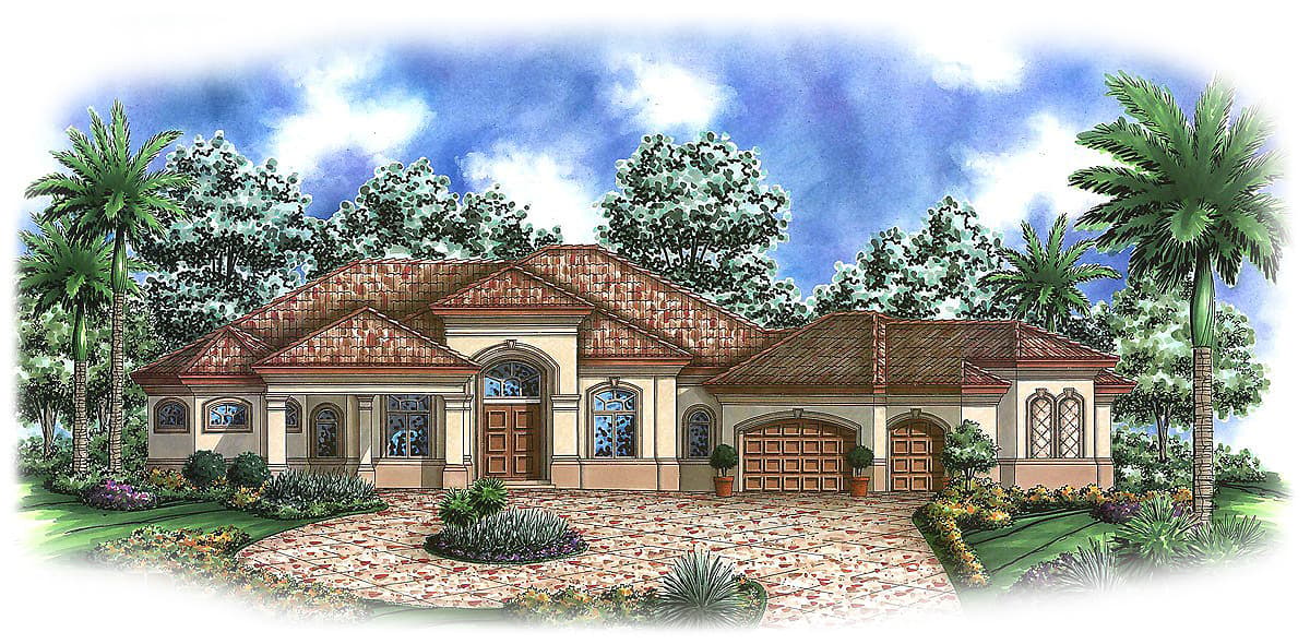 House plan exterior with Mediterranean style, single story, tile roof, arched entry, and attached garage with paneled doors.