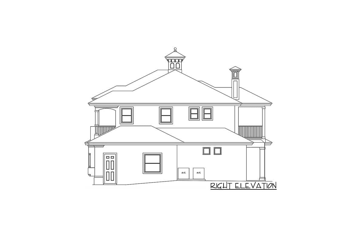 House plan right elevation drawing of a two-story house with dormers, a cupola, covered balconies, and multiple rooflines.