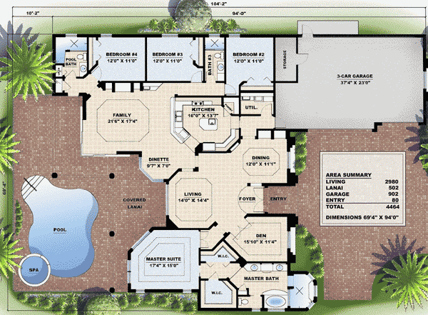 Plan 66045BW: Beautiful Mediterranean Dream Home Plan - 2980 Sq Ft - Floor Plan - Main Level - Florida-Style, Mediterranean