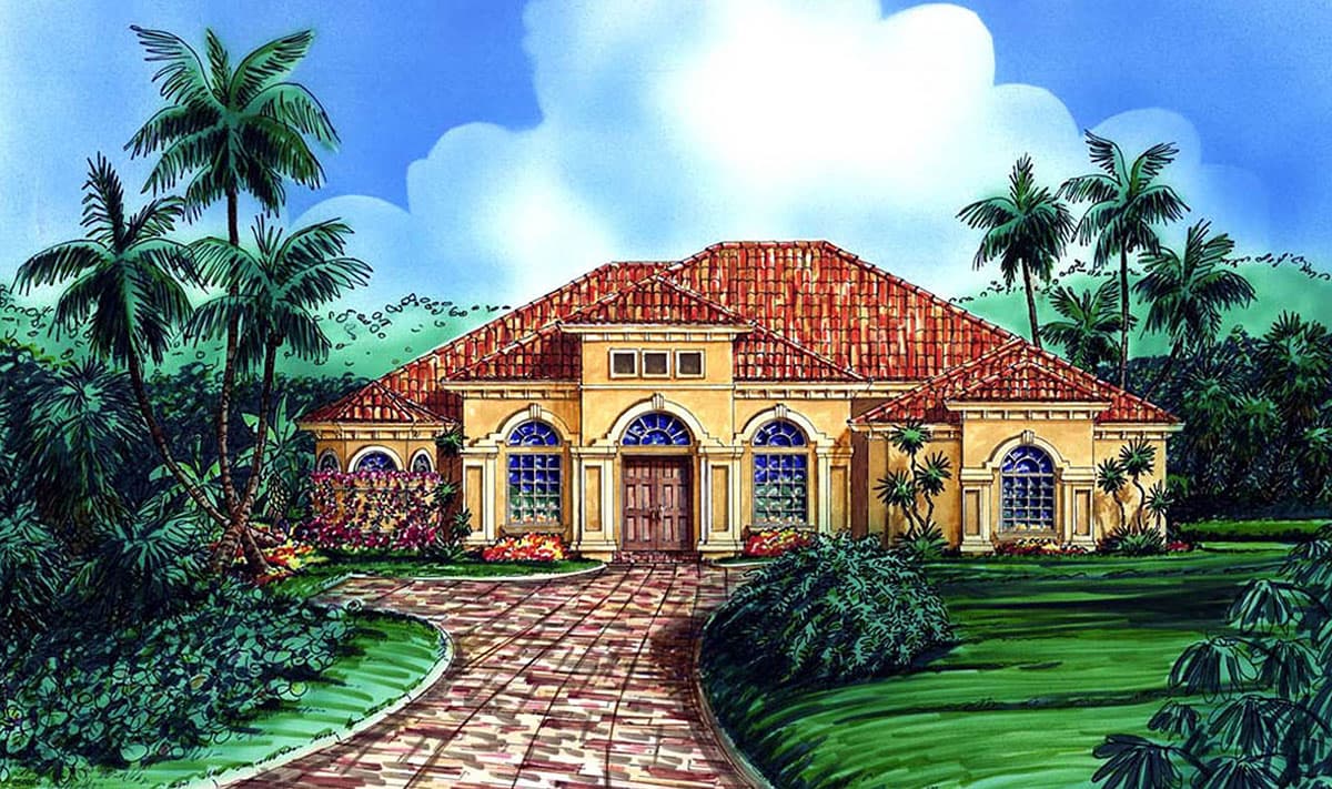House plan exterior of a single-story Mediterranean-style home with a red tile roof, arched windows, and a paved driveway.