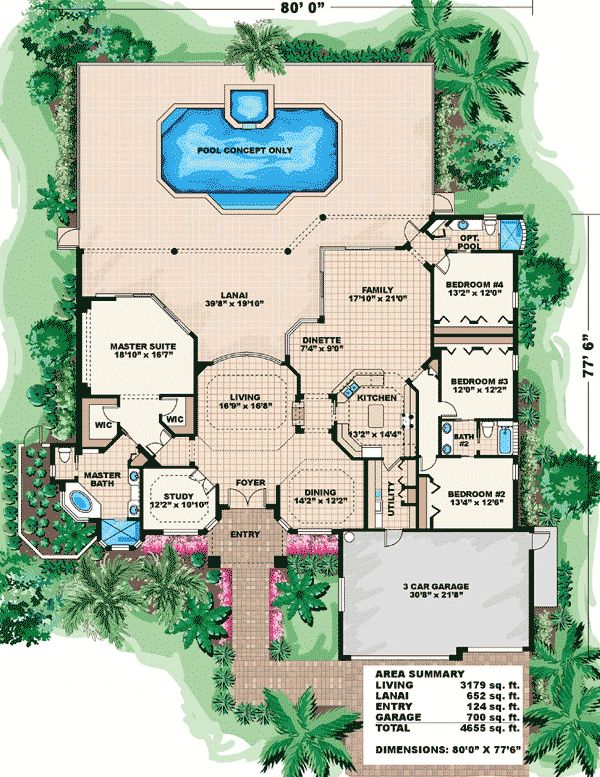 Plan 66048BW: Unique Focal Points - Floor Plan - Main Level - Florida-Style, Mediterranean