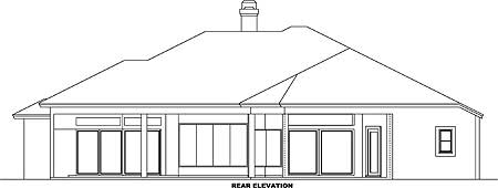 Rear elevation drawing of a single-story house plan with multiple sliding glass doors, a pitched roof, and a chimney.