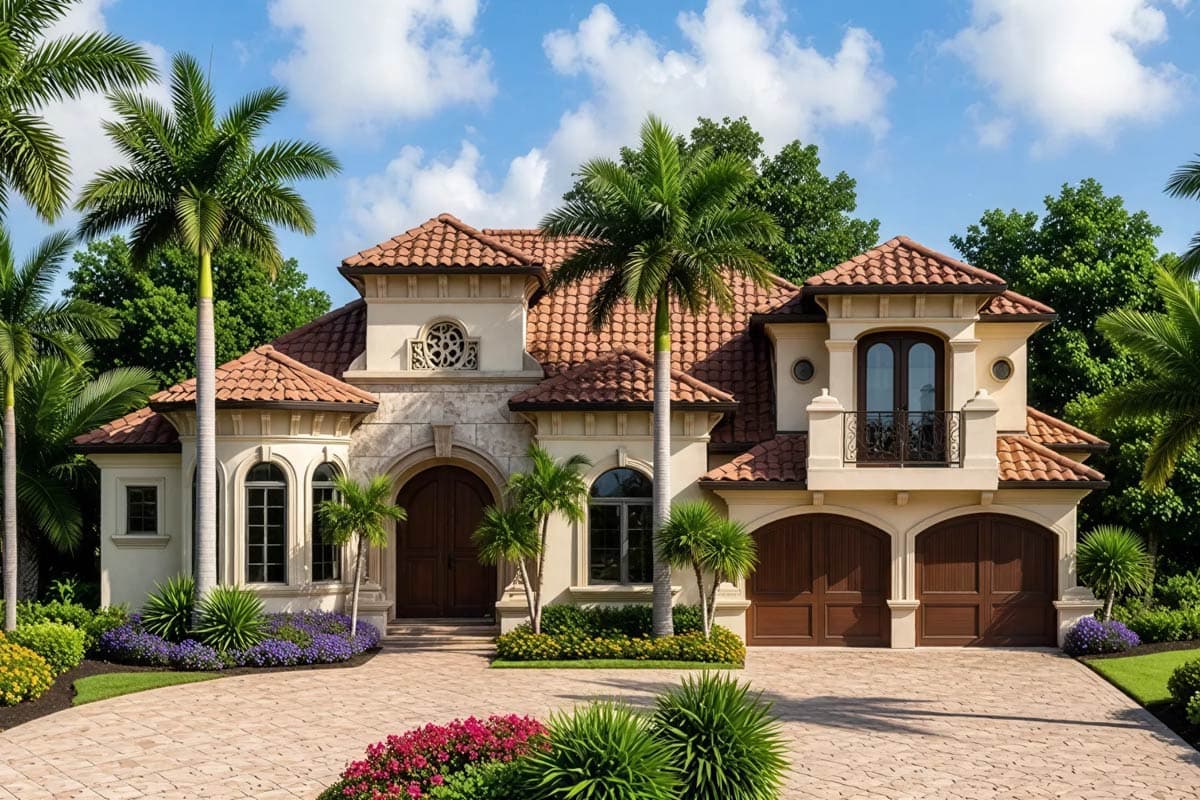 House plan exterior of a two-story Mediterranean style home with a tile roof, arched windows, ornate entryway, and attached garage.
