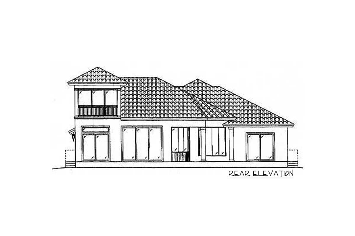 Rear elevation drawing of a two-story house plan with a hipped roof, balcony, and large windows.