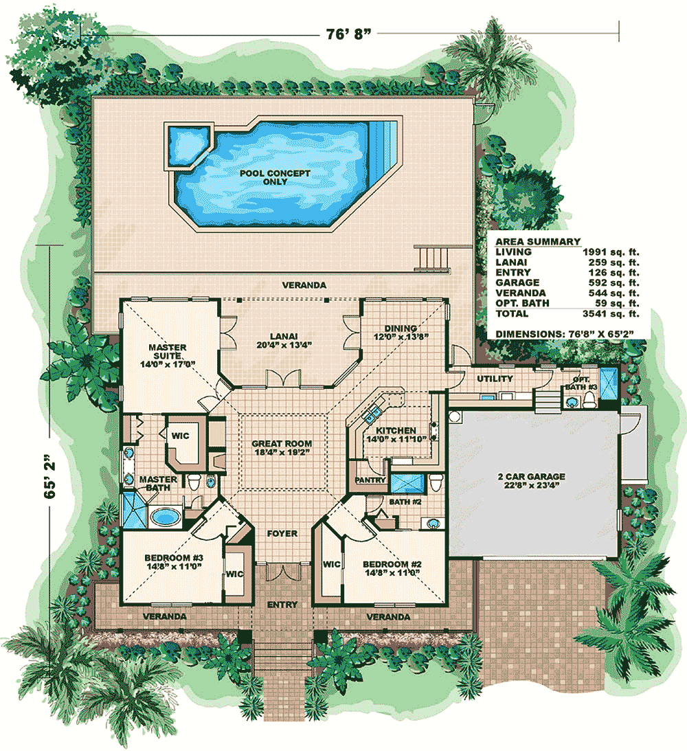 Plan 66055BW: Olde Florida Style House Plan with Attached 2- Car Garage - 1991 Sq Ft - Floor Plan - Main Level - Coastal, Florida-Style, Southern